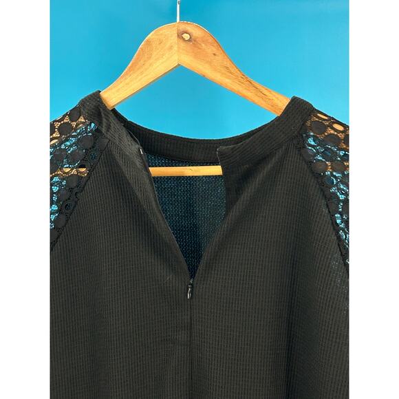 MIHOLL Women's Black Ribbed Knit Top Long Lace Sleeve Back Zip Size XLarge - Picture 7 of 11